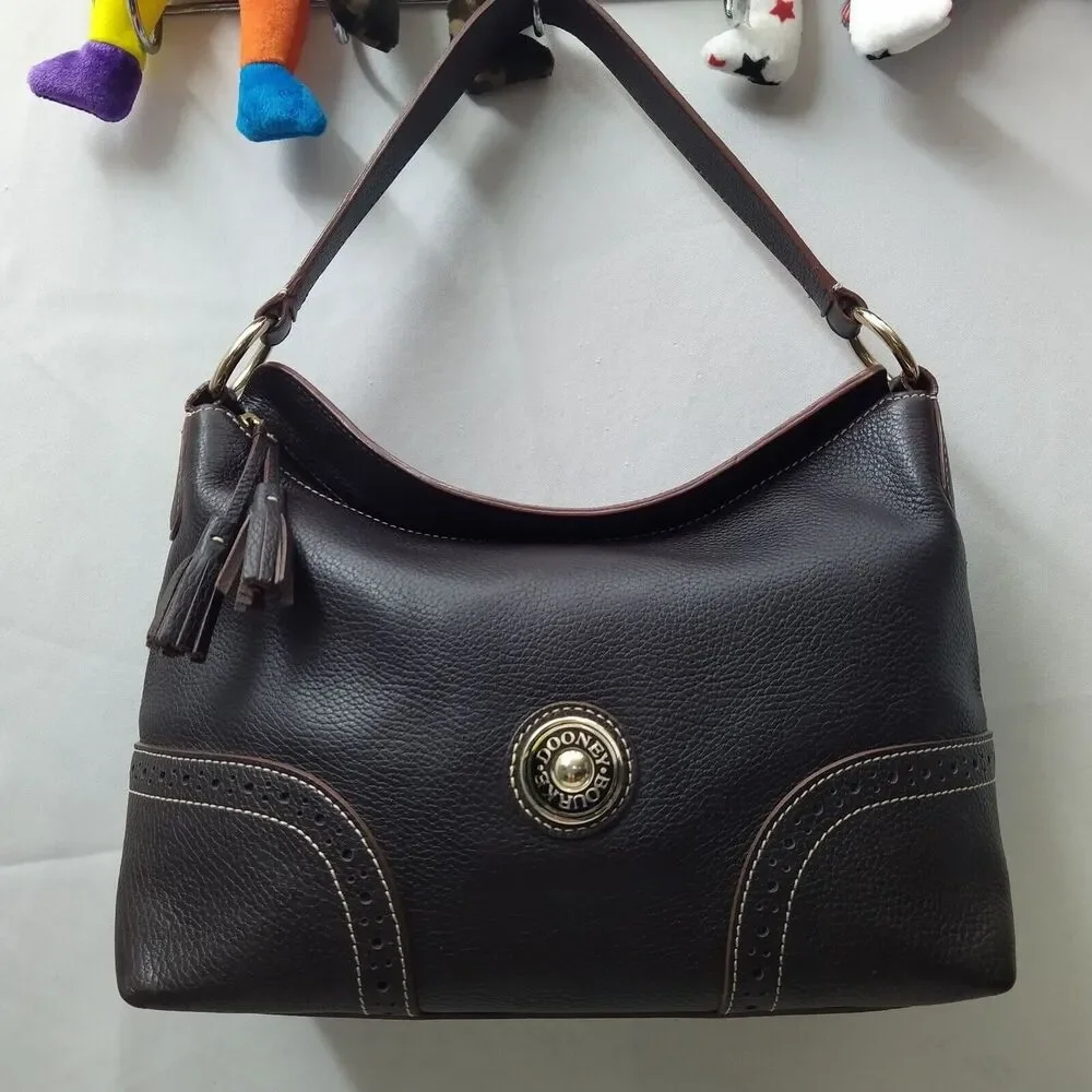 Dooney & Bourke Brown Pebbled Leather Round Logo Zipper Hobo Shoulder Bag